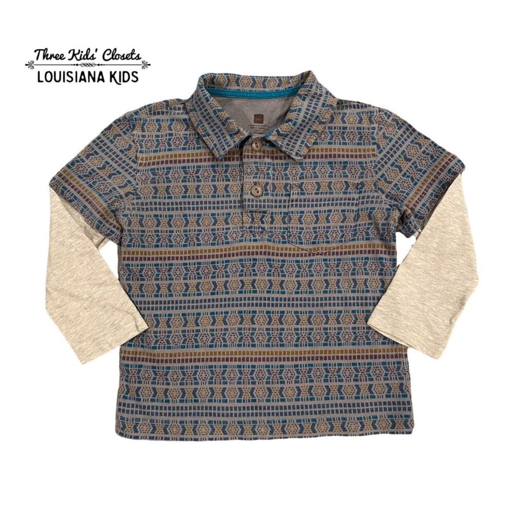 Tea Collection Sz 3 Layered Sleeve Printed Polo Shirt